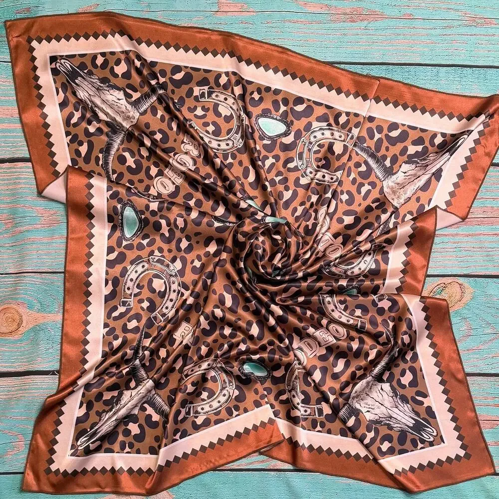 Western Longhorn Print Silky Wild Rag | 36x36 | Mocha & Turquoise